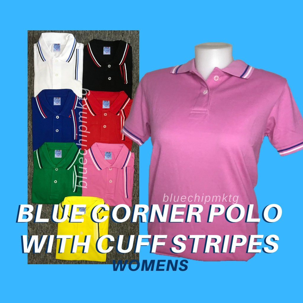 Womens Cotton Blue Corner Polo Shirt W Cuff Stripes Style2 White