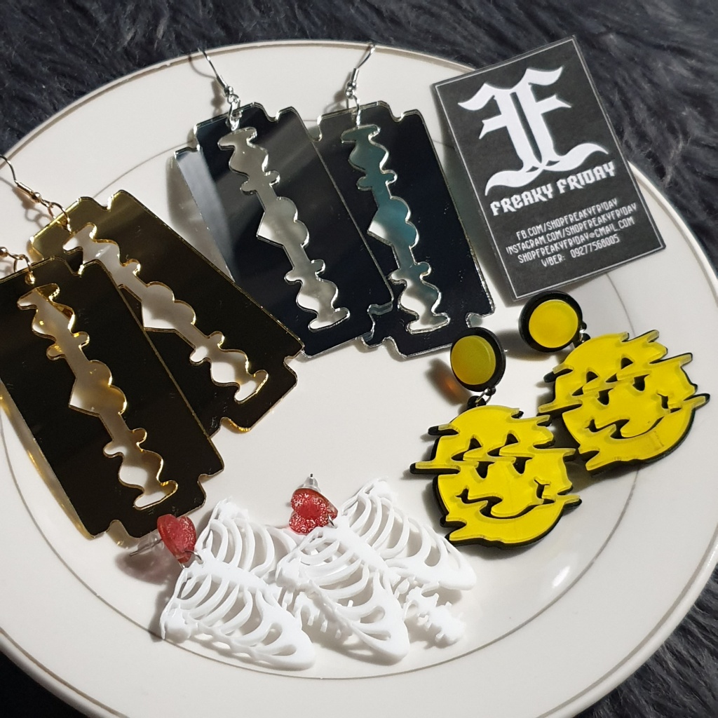 Razor Blade Acid Smiley Skeleton Ribcage Acrylic Earrings - Gothic ...