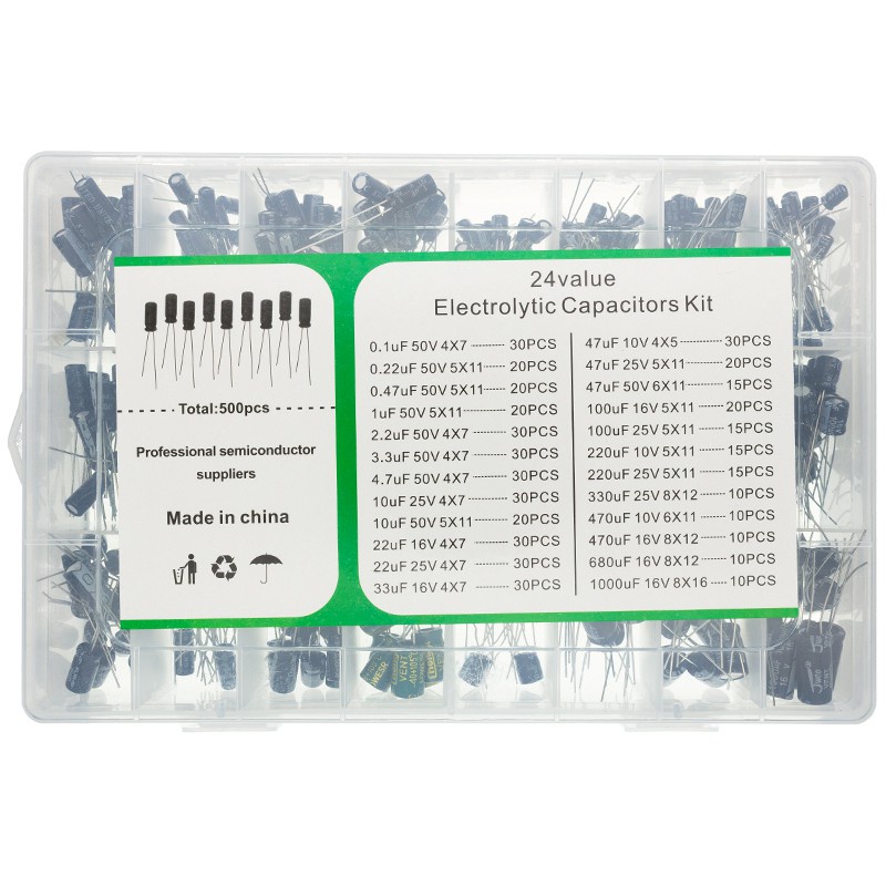 500Pcs/lot diy 0.1UF-1000UF 24Values Aluminum Electrolytic Capacitors ...