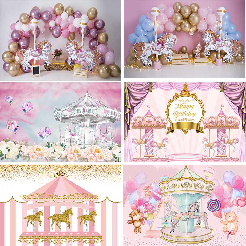 Pink Carousel Birthday Backdrop Photography Baby Shower Kids Children ...