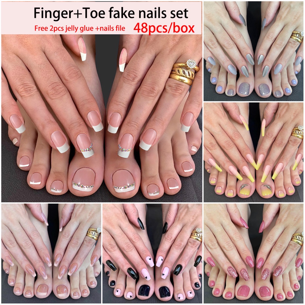 Finger Toe Fake Nails Set 48pcs Fake Nail Set With Glue Long Fake Nails French Fake Nail 