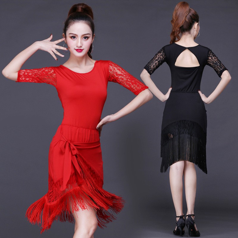 New latin dance costume adult female half-length fringed skirt suit square dance  chacha dance clothe