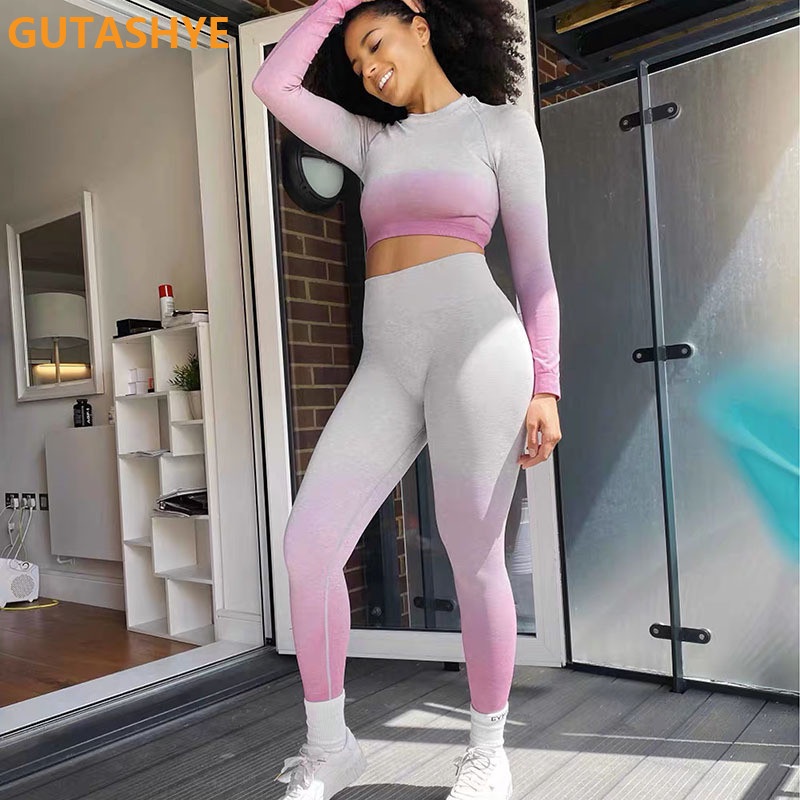 Seamless Long Sleeve Top And Leggings Set, Sports Fitness Yoga Running Set,  Women's Clothing