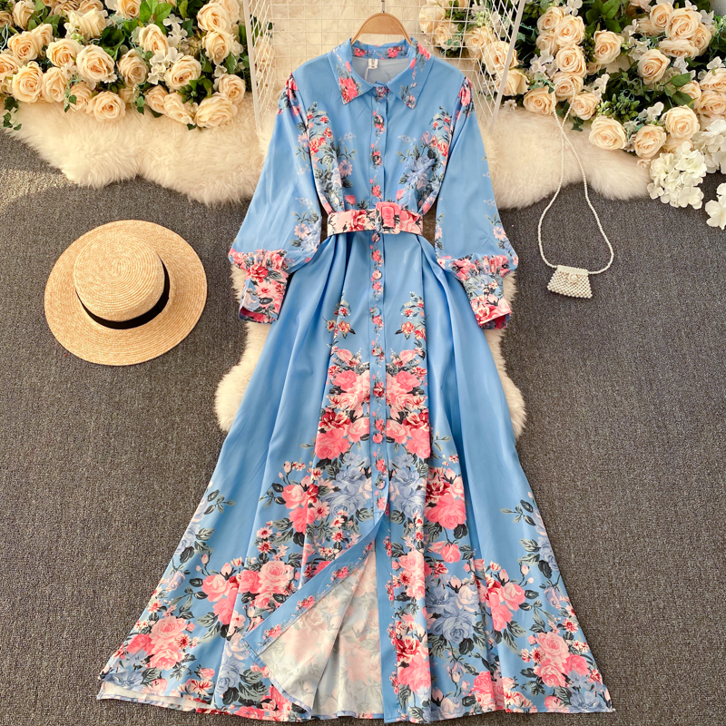 Floral Print Turn Down Collar Single Breasted High Waist A Line With Belt  Dress