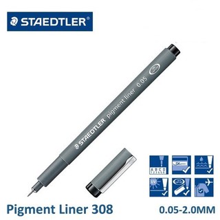 STAEDTLER 308 Pigment Liner Fineliner Pen - 0.05mm, 0.1mm, 0.2mm, 0.3mm,  0.5mm & 0.8mm Nibs - Black Ink - Pack of 6