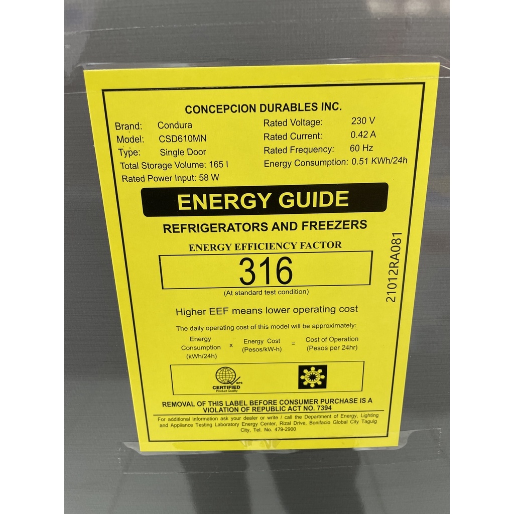 Condura refrigerator power consumption sales