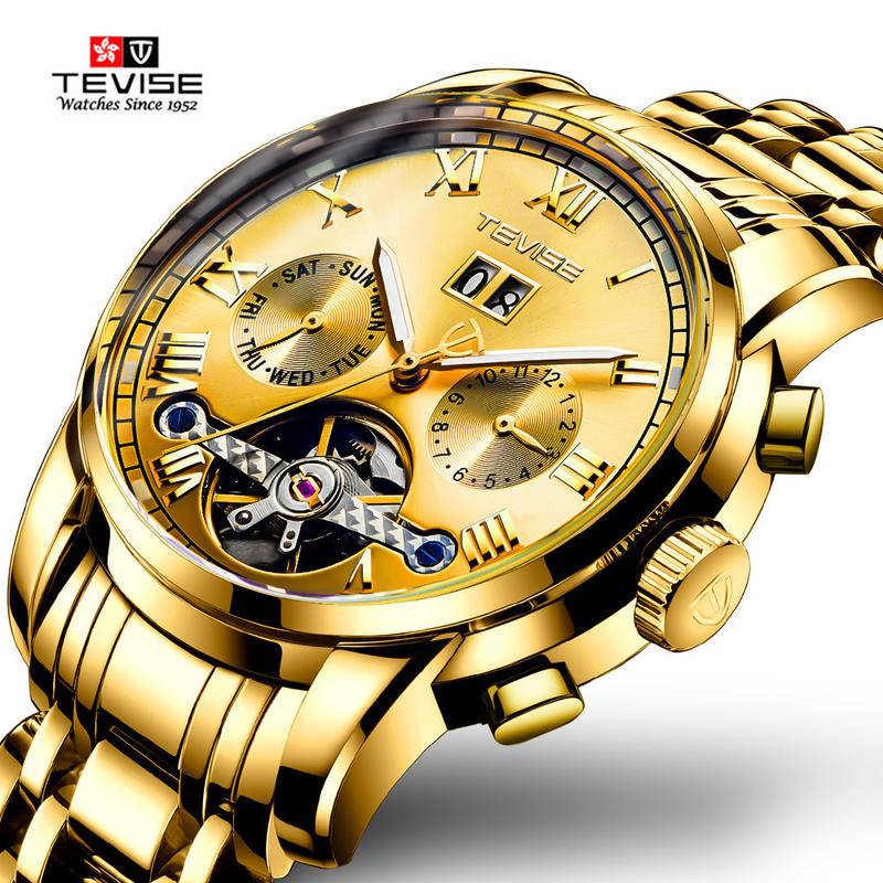 【Original】TEVISE Watch for men Waterproof watch Automatic Multifunction  Chronograph Calendar Month Week Gold Luxury Stainless Steel Strap  Tourbillon