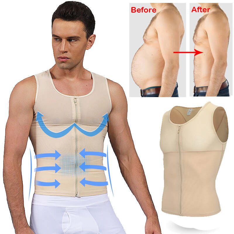 Men Slimming Body Shaper Belly Chest Moob Compression Vest Shirt Zipper  Tank Top 