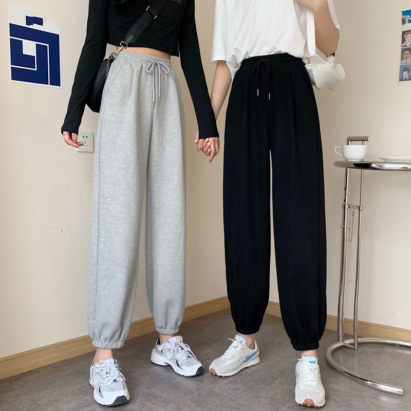 S 3XL Women Korean Casual Joggers Pants High Waist Slim Sweatpants Plus Size Plain
