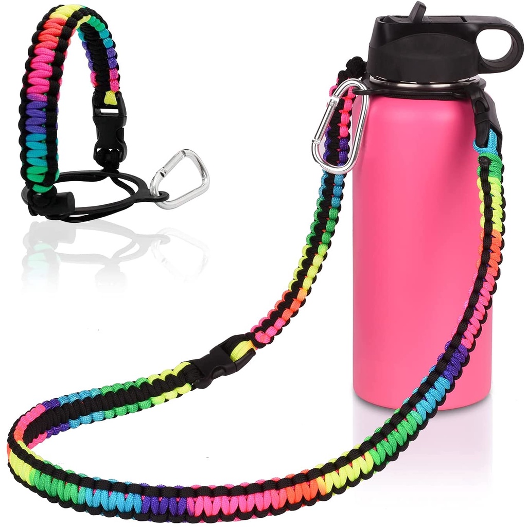 Wongeto Paracord Handle & Adjustable Shoulder Strap For Wide Mouth Water Bottles (12oz To 40oz) - Carrier With Safety Ring (Black)