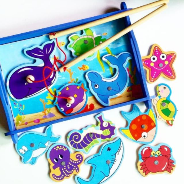 Sale! Wooden fishing game Wooden Toy Magnetic Fishing Game Educational Toys  for Kids