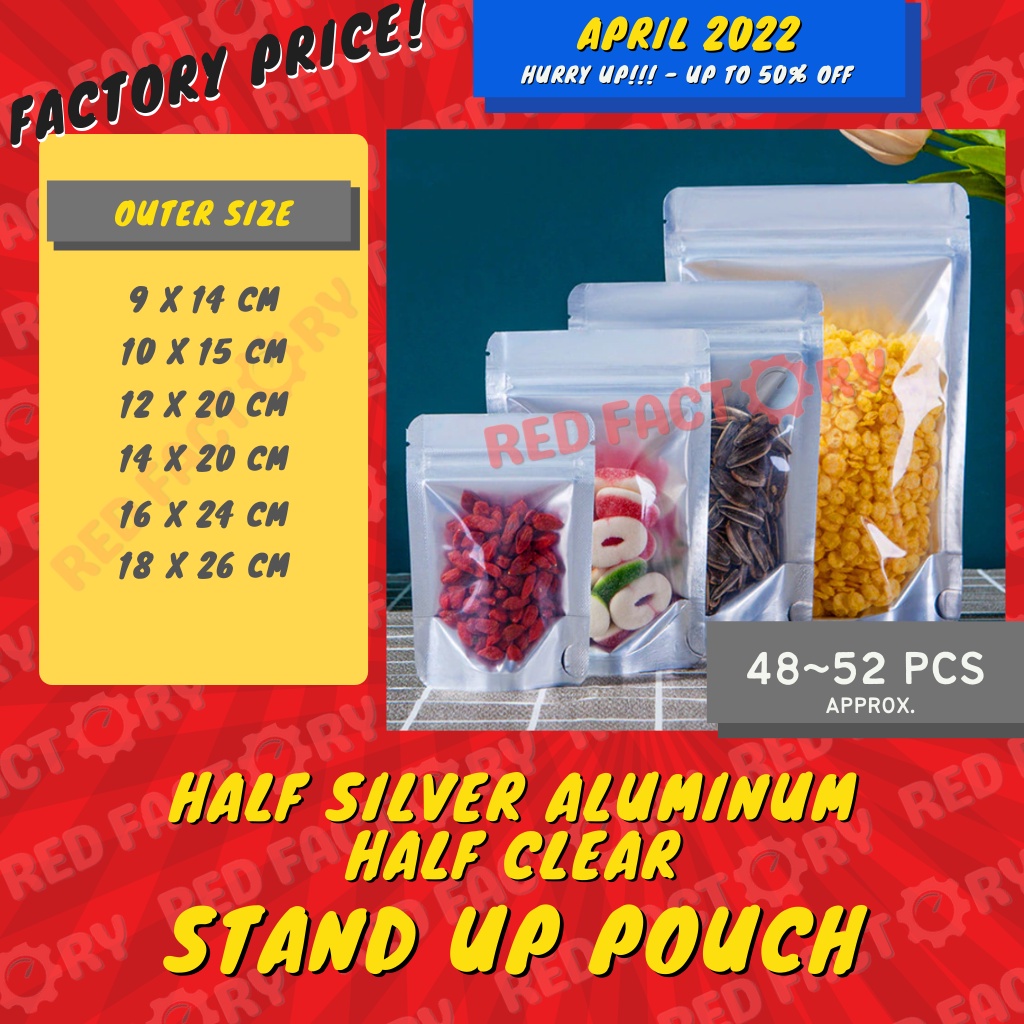 48 to 52pcs Silver Aluminum Clear Front Stand Up Pouch Ziplock