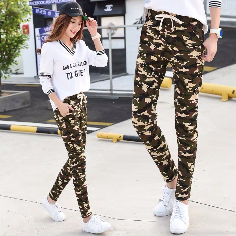 Women Fashion Army Camouflage Jogging Pants With Belt and Pocket Korean  Fashion