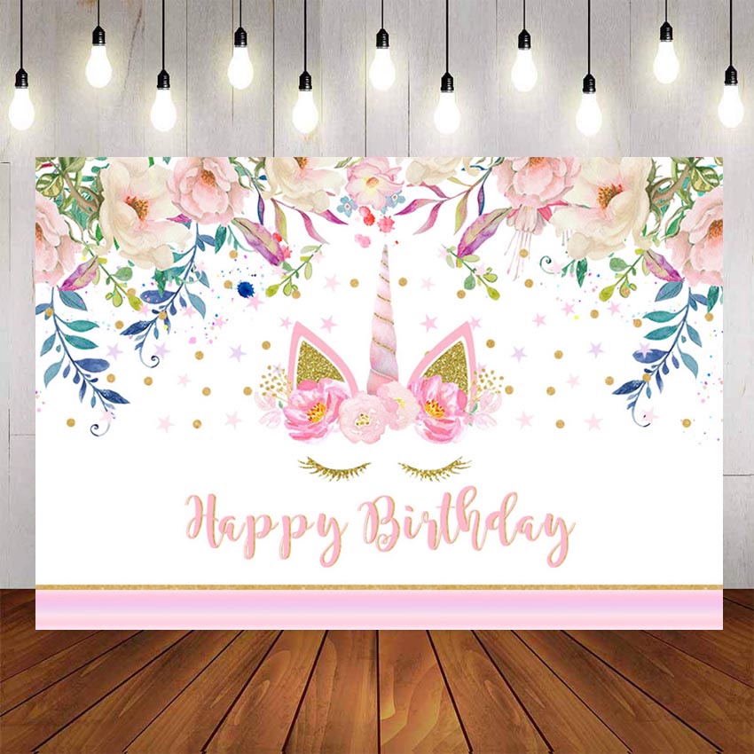 Beautiful Floral Pink Unicorn Party Backdrop For Photo Studio Girls