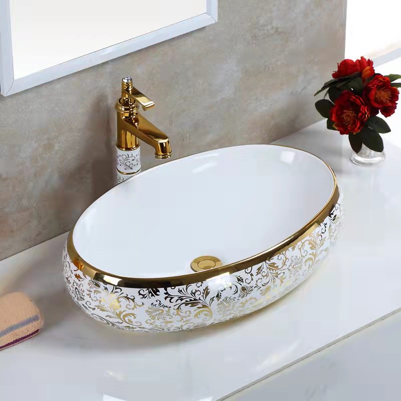 Luxury modern vessel lavabo oval art basin ceramic gold black bathroom ...