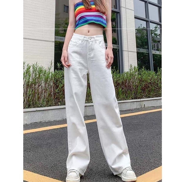 [Huangyoyo]Korean white high waist jeans for women loose casual ...