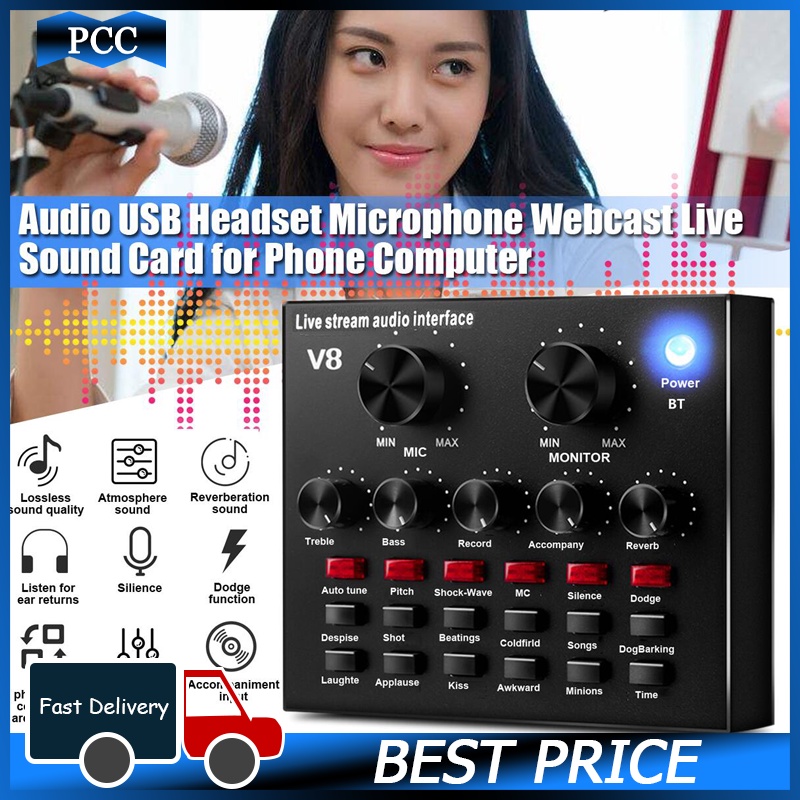 New V8 Audio External USB Headset Microphone Live Broadcast Sound Card