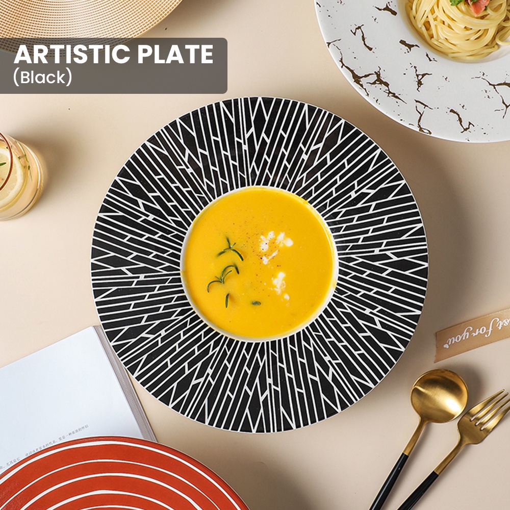 Wide Rim Pasta Bowl Porcelain Microwavable Round Deep Plate Serving