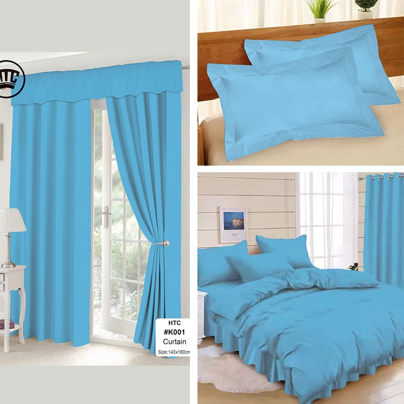 COD Blue Plain Curtains Bedsheet Set Solid Color Curtains Home Decor