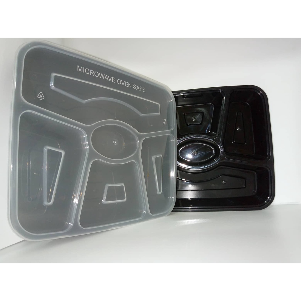 5 Compartment Lunch Box w/ Lid - Disposable Bento Box w/ Lid (Black ...