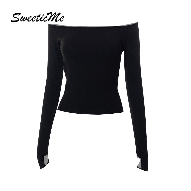 Sweeticme Women's Slim Fit Long Sleeve Solid Color Off Shoulder T-Shirt ...