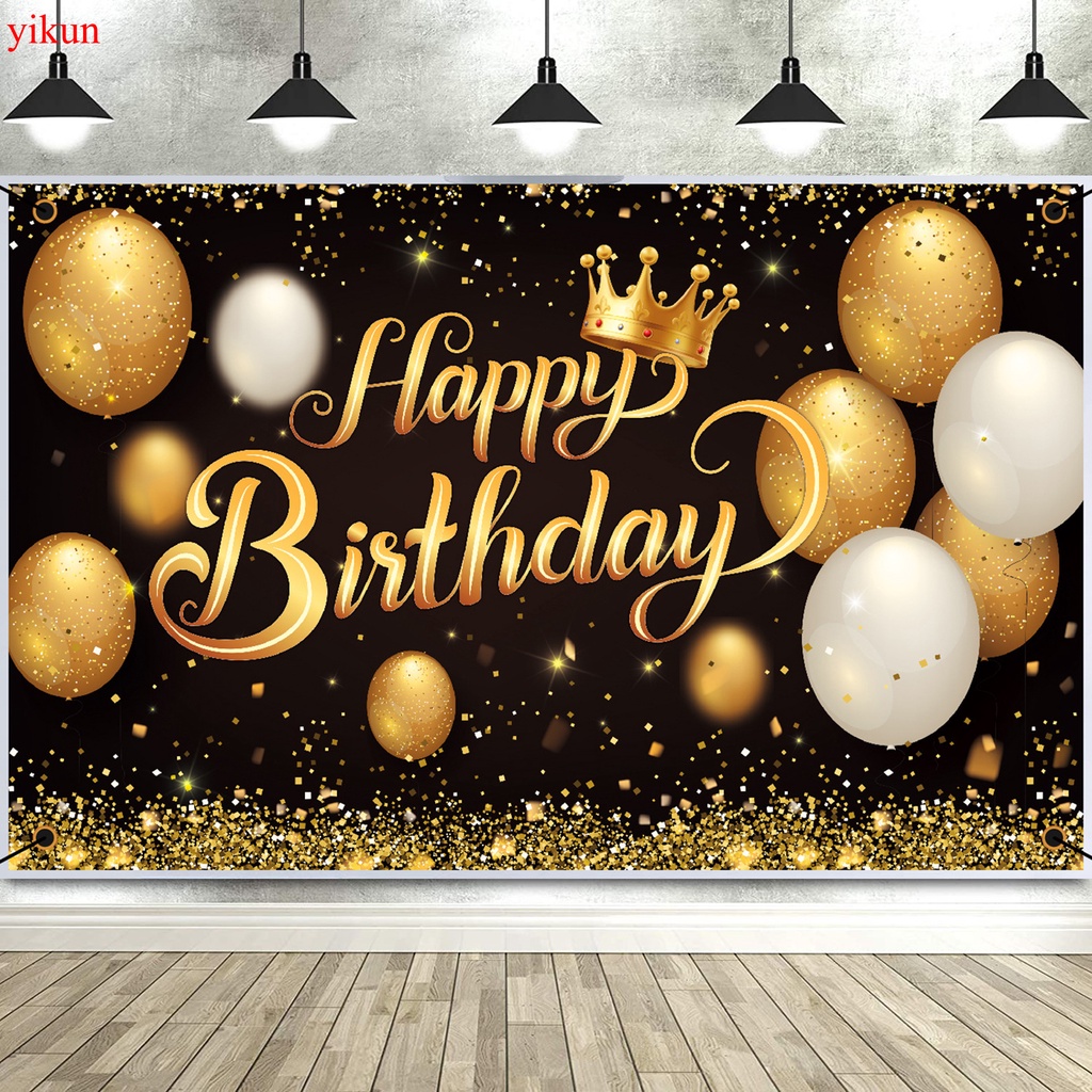 Yikun Happy Birthday Backdrop Banner Large Black Gold Balloon Star