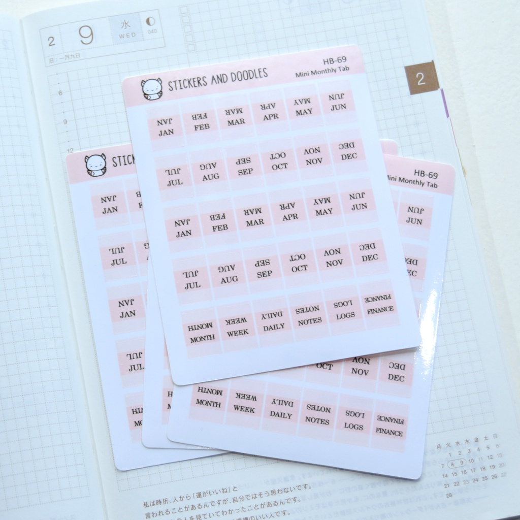 Hobonichi Monthly Planner Tabs Mini Index Tab Sticker Sheet Glossy