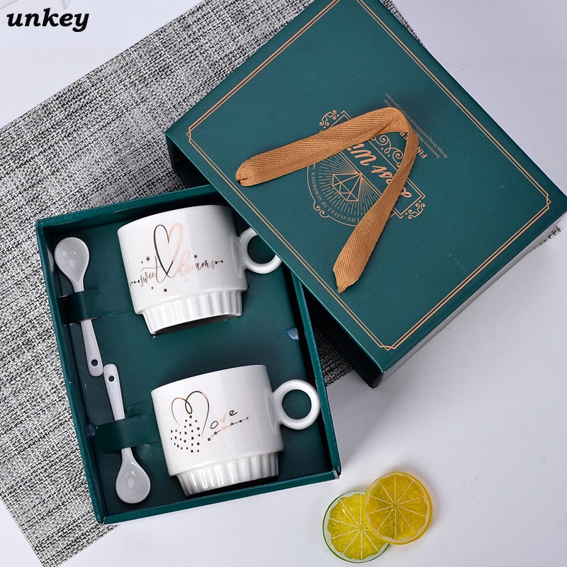 Ceramic couple Mug coffee cup set with spoon gift box | Shopee Philippines