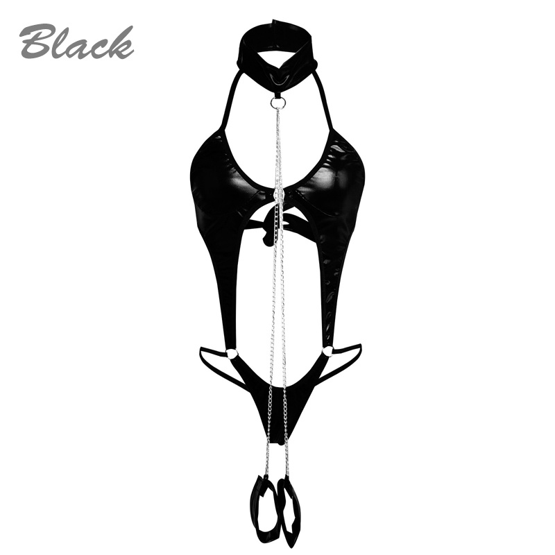 Sexy Exotic Lingerie Underwear Women Patent Leather Chain Suit Bodycon