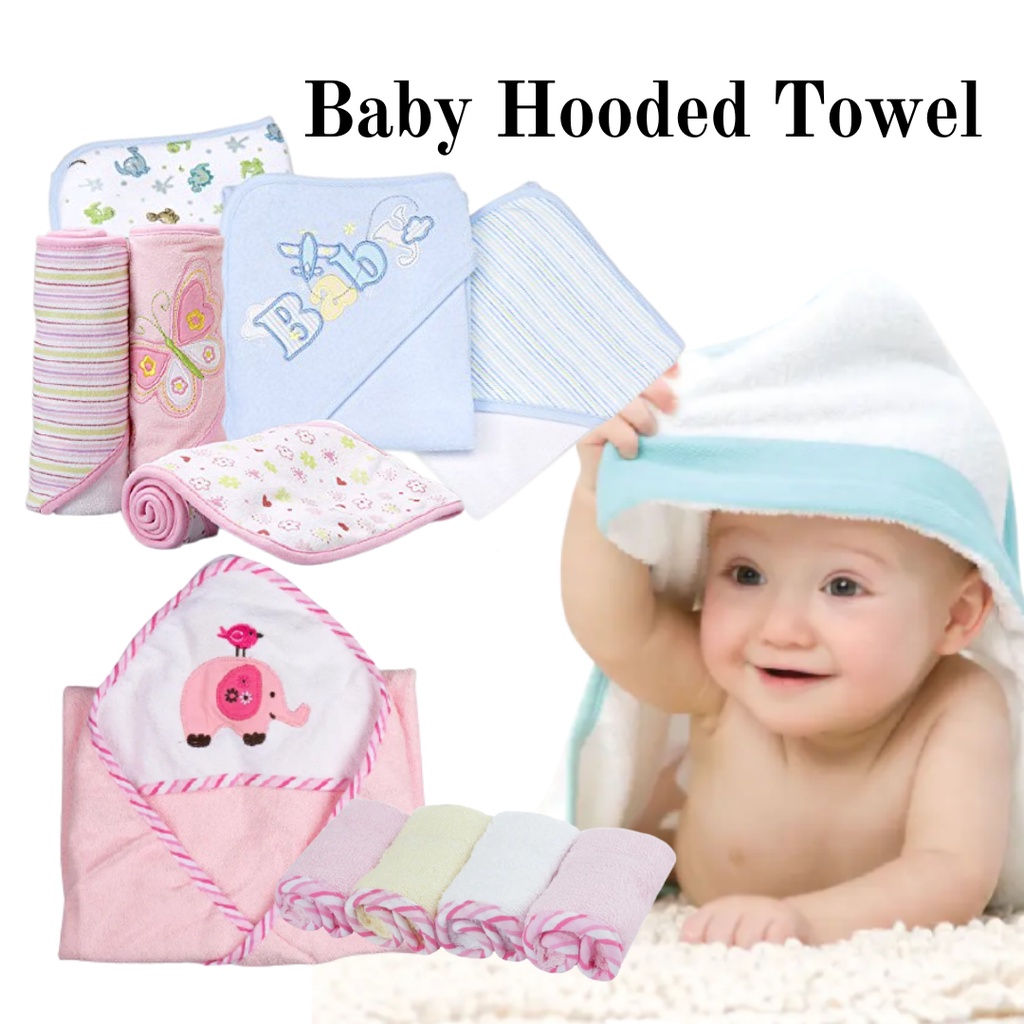 MnKC Newborn Baby Hooded Towel Receiving Blanket with 4pcs Wash Cloth