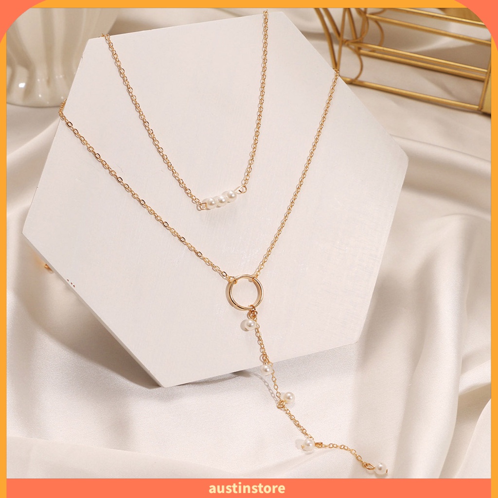 ausxl_Necklace Faux Pearl Pendant Elegant Chain Women Tassel Long Bead ...
