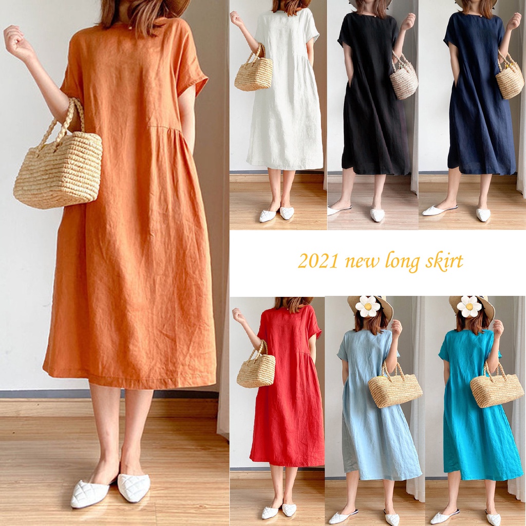 Ready Stock Cotton linen solid color plus size dress women summer 2021 new loose thin fat MM Japanese mid length skirt women Loose Plain Casual Plus Size Maxi Black Plain Pajamas Jubah