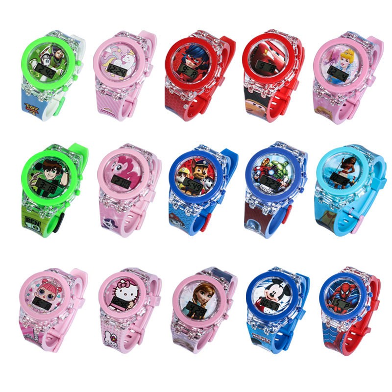 Cartoon Children Electronic Watch LED Light Disney Mickey Toy Story Frozen  Watches Toys For Kids Girls Boys Gift