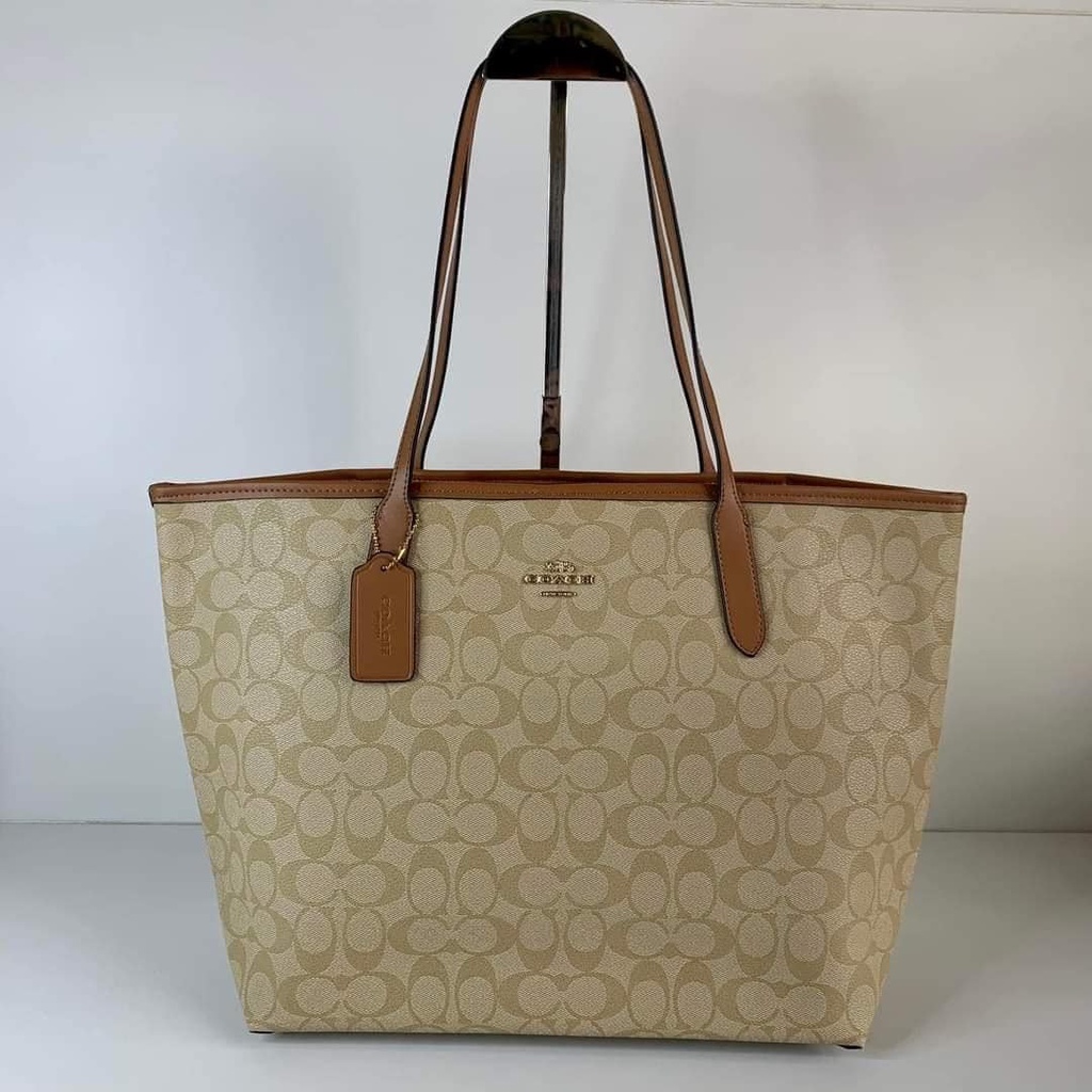 SALE! CITY TOTE IN SIGNATURE CANVAS- Light Khaki/Saddle | Shopee ...