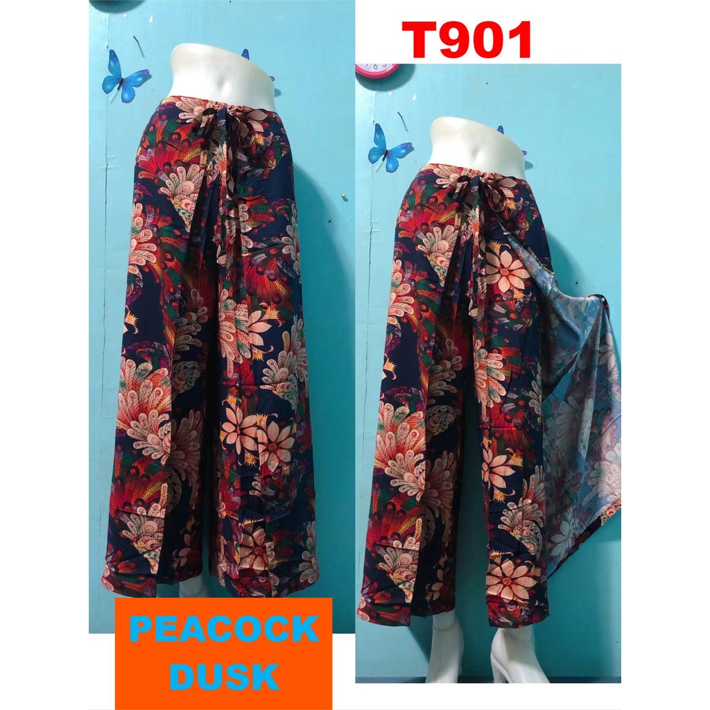 T901 FLORAL SUMMER BEACH FREE SIZE SQUARE PANTS WRAP AROUND SLIT