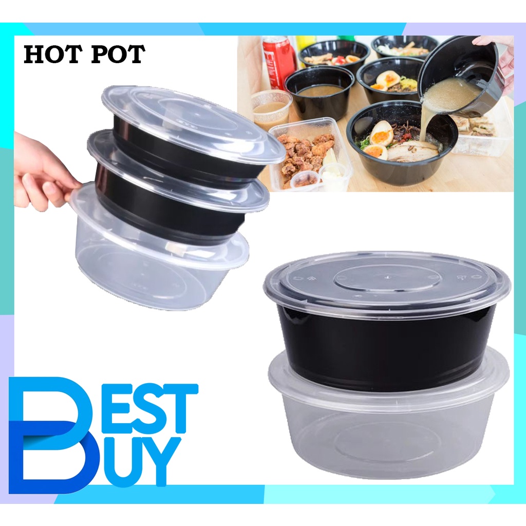 10 pcs. CLEAR/BLACK HOT POT Microwavable Plastic Food Container with cover (FOOD for take outs