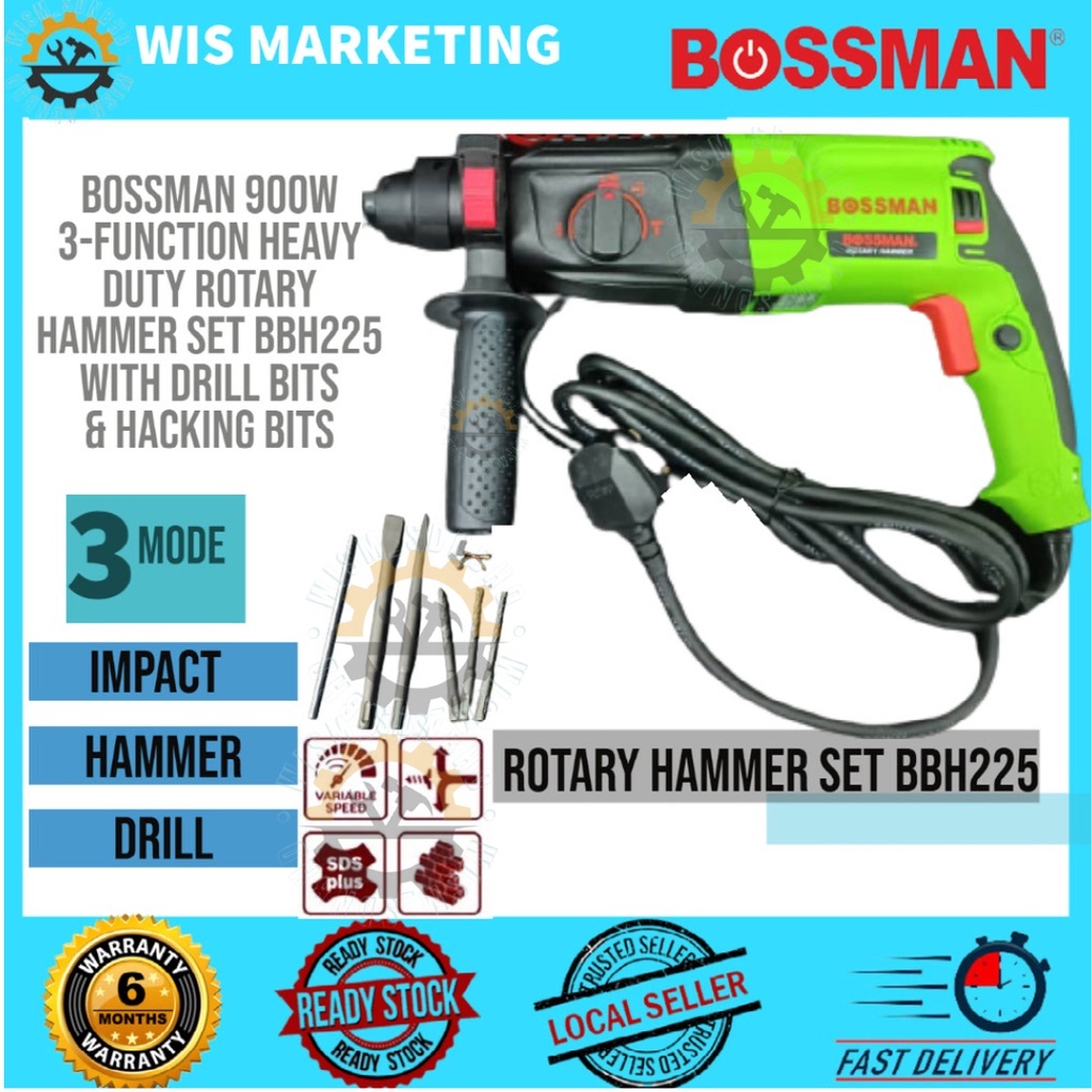 BOSSMAN 900W 3-Function Heavy Duty Rotary Hammer Set BBH225 with Drill ...