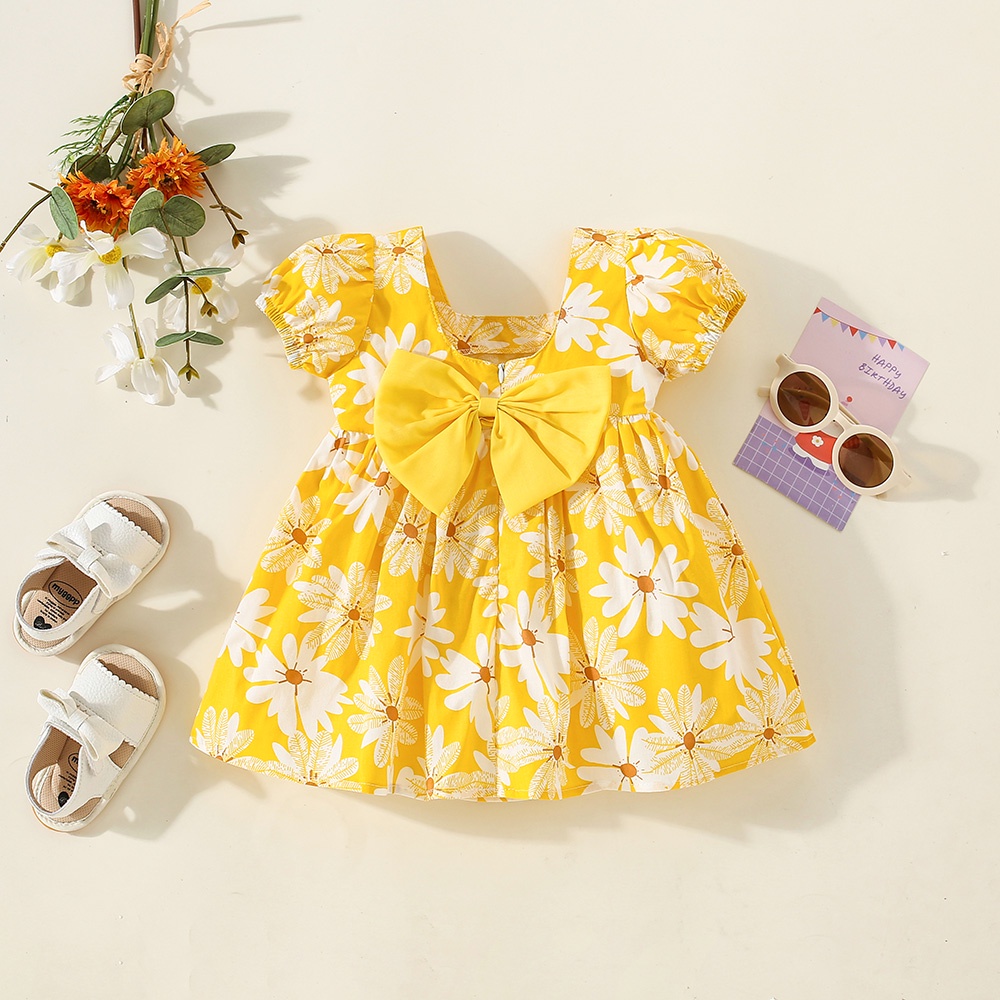 Summer New White Small Daisy Print Baby Girl Dress Pure Color Bow Sweet ...