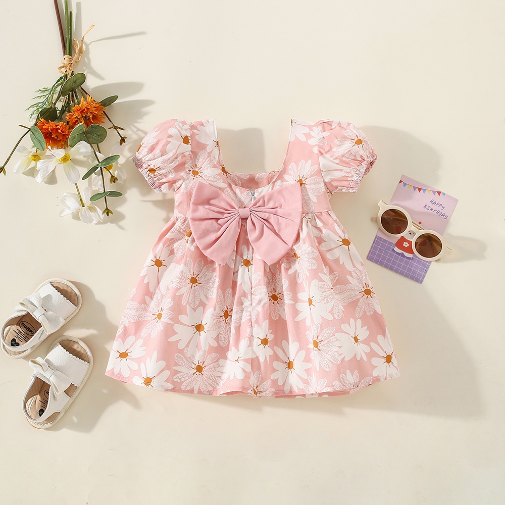 Summer New White Small Daisy Print Baby Girl Dress Pure Color Bow Sweet ...