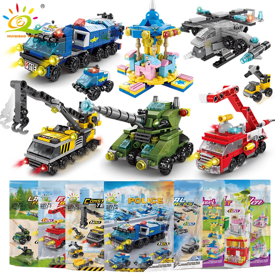 HUIQIBAO 6IN1 City Fire Car Police Truck Engineering Crane Building ...
