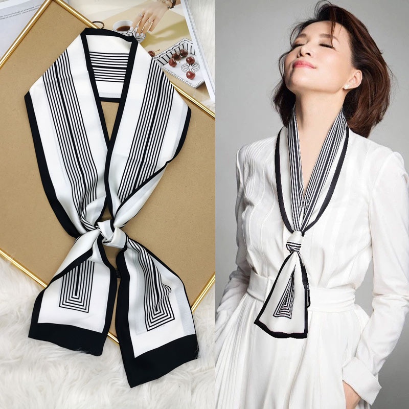 Black White Striped Small Silk Scarf Women Narrow Long Strip Korean ...