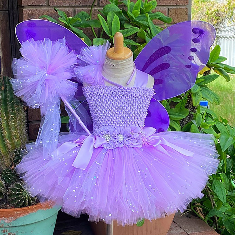 Girls Lavender Glitter Fairy Tutu Dress Kids Sequin Tulle Dress with ...