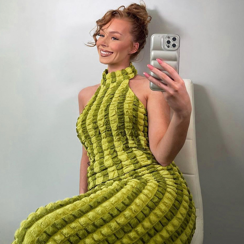 Fashion Double Color Popcorn Women Ladies Sleeveless Long Maxi Dress