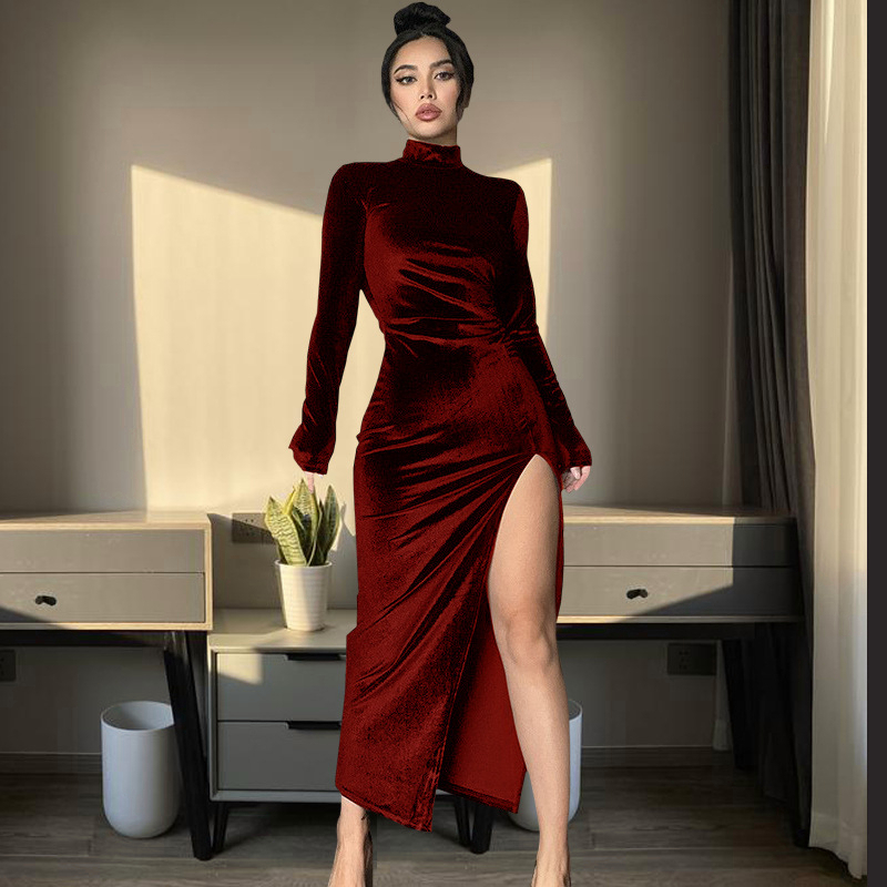 2024 Women s Solid Velvet Long Sleeve Pleated Maxi Dress Side Slit Tight Sexy Streetwear Party Elegance Club Shopee Philippines