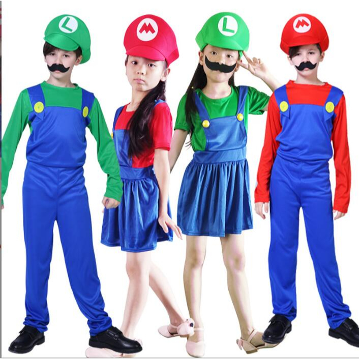 Mario cosplay set kids Costume Red green One-piece suits with hat and ...