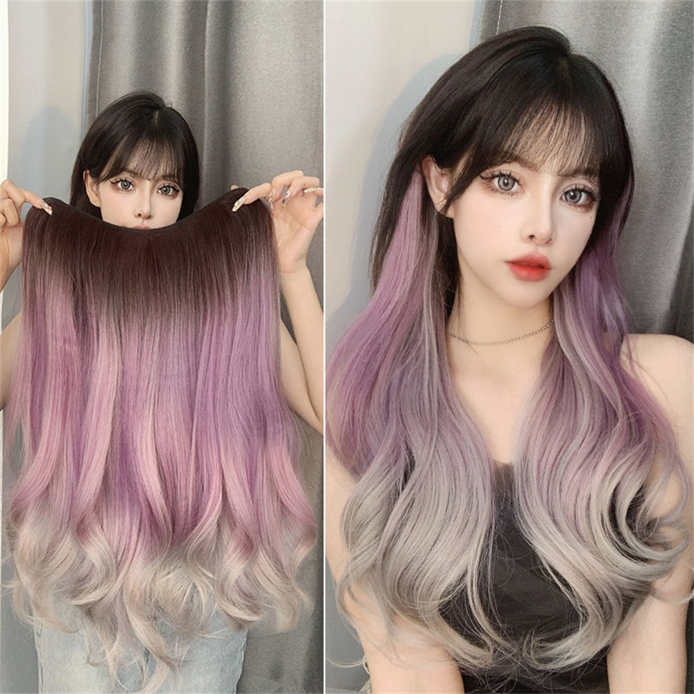 Gradient Purple Invisible Seamless Ushaped OnePiece Curly Wigs Women