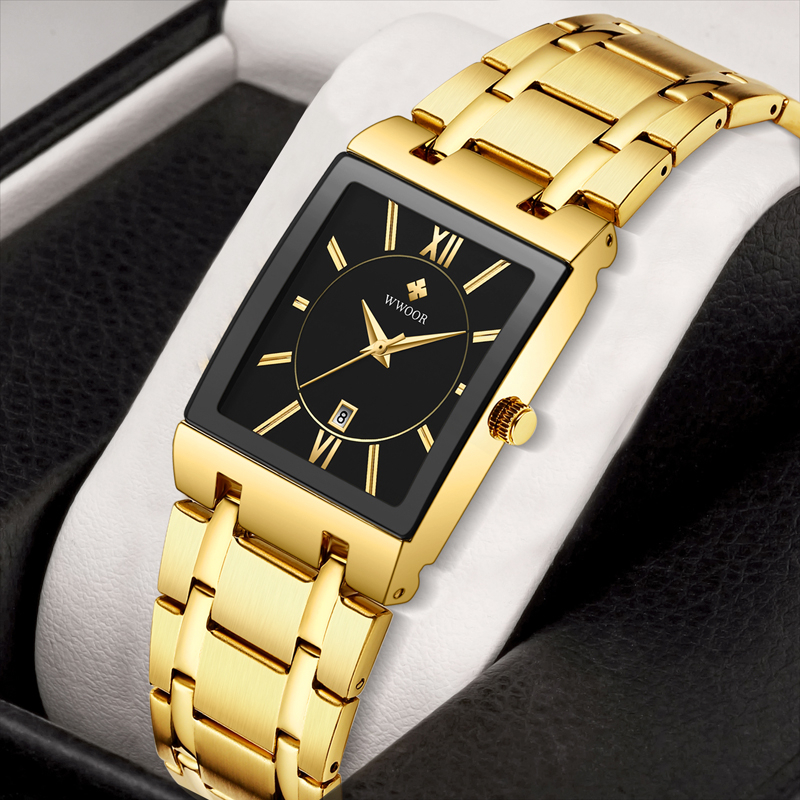 Wwoor Gold Watch Men Square Mens Watches Top Brand Luxury Golden Quartz  Stainless Steel Waterproof Wrist Watch-8858m