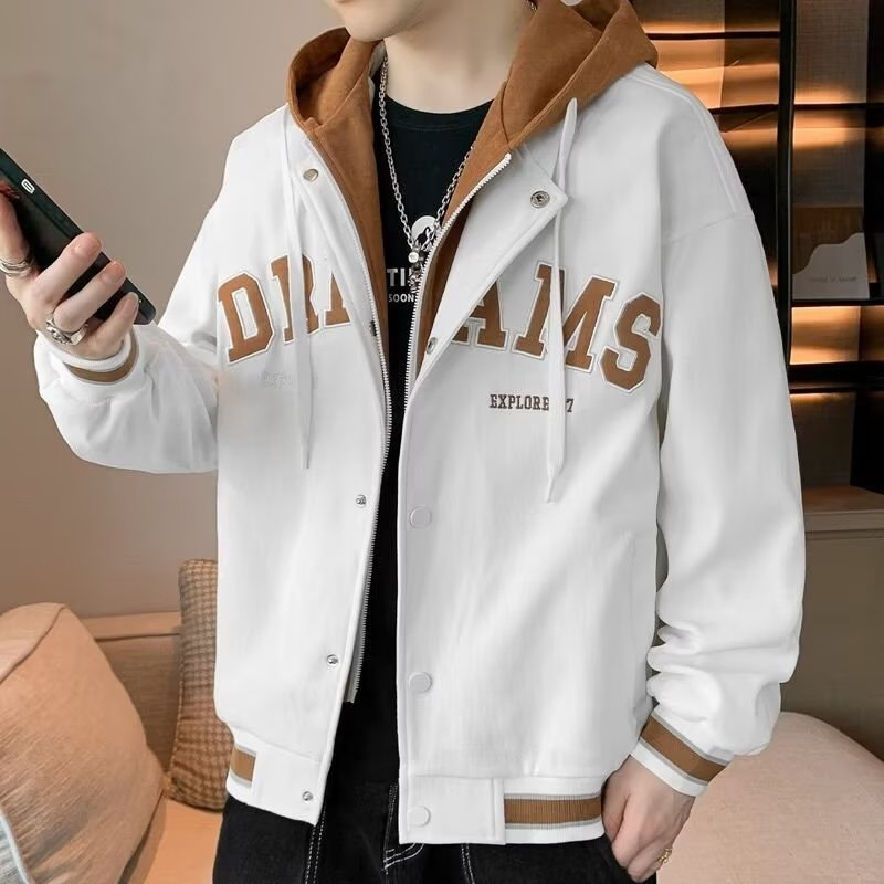 Fake Two Piece Jacket With Hood For Men Retro Letter Embroidered Jacket ...