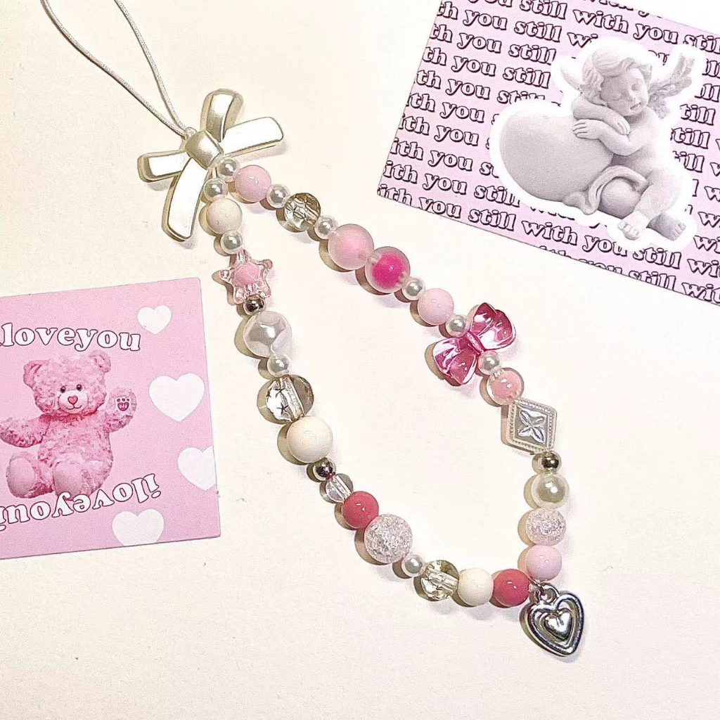New ins Girl Heart Mobile Phone Chain Pink Korean Cute diy Lanyard ...