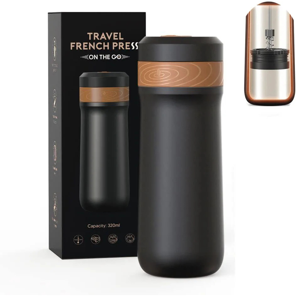 Portable French Press Coffee Maker With Unique Filter Vacuum Insulated Travel Coffee Mug & Tea